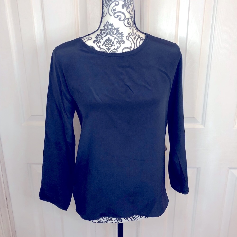 Sixtwenty navy blue silk keyhole back raw edge blouse